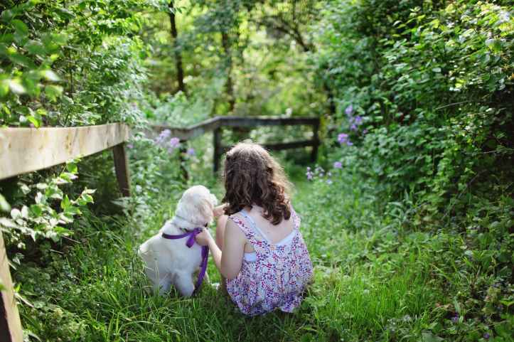 girl and puppy sitting on green grass surrounded with shrubs during daytime